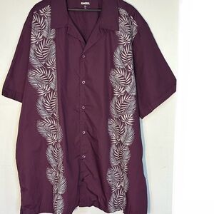 Kingsize Men’s Short-Sleeve Button-Down Shirt - Plum with White Leaf Panels